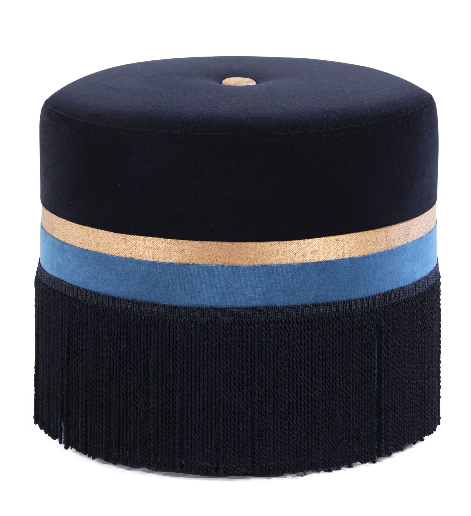 Rio large round ottoman in blue velvet with gold band and fringe — ByKepi