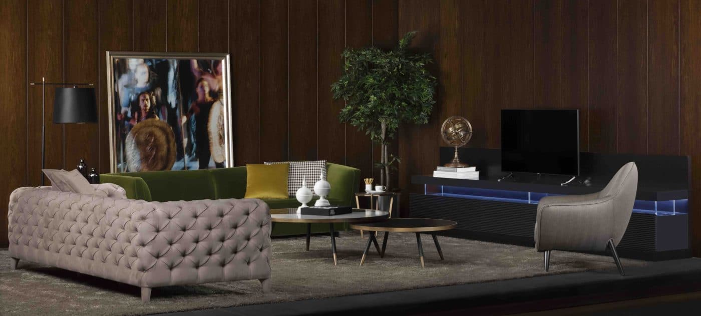 Modern designer velvet sofa in a lounge area nz